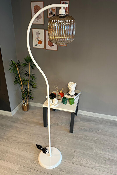 Bamyum Beyaz Gövde Bal Rengi Cam Lambader Modern Dekoratif Metal Oturma Odası Çalışma Odası Zemin Lambası