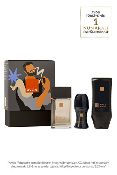AVON Black Suede Erkek Parfüm, Rollon, Saç ve Vücut Şampuanı Hediye Paketi