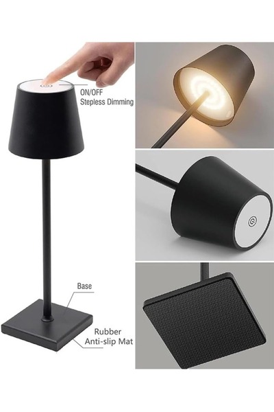 Taimi Wireless Table Lamp, Rechargeable , Metal, Portable, 2-Level Night Lighting Black