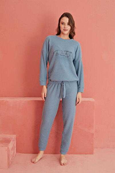 ELİTOL Mavi Dream Baskılı Pitikare Waffle Pijama Takımı