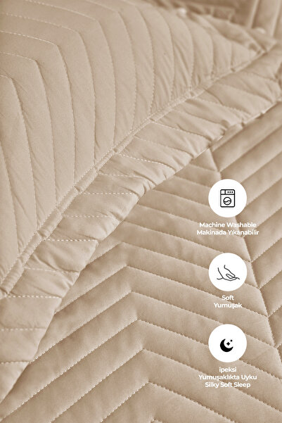 Evlen Home Collection Ross %100 Pamuk Yatak Örtüsü ( Pike ) Takımı Çift Kişilik Kapitone Çizgili Günlük Yıkanabilir Bej
