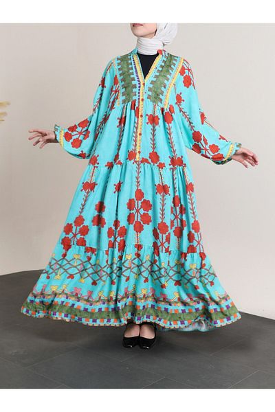 Modamorfo Elastic Sleeves Stand Collar Half Button Viscose Dress -Turquoise