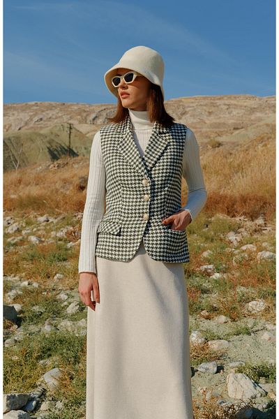 Fatma Atasoy Short Khaki Stamp Vest - Houndstooth Design