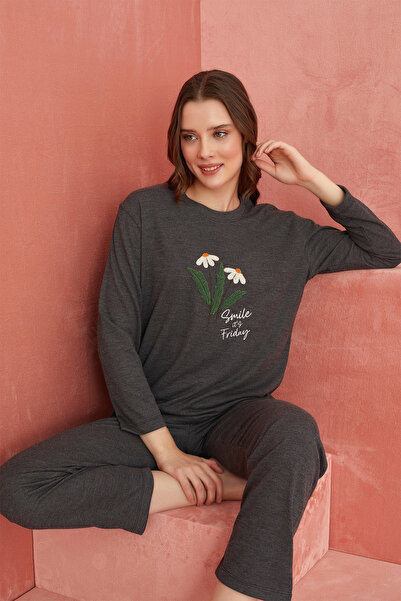 ELİTOL Anthracite Daisy Patterned Cashmere Pajama Set