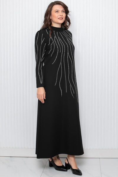 SUBU TASARIM Μαύρο βραδινό φόρεμα - Stone Print Detail, TBS946