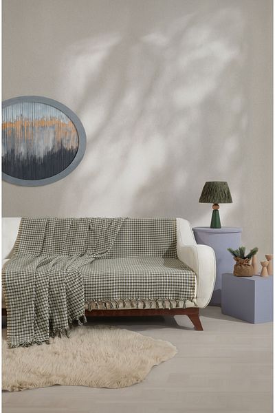 Lux Touch Luna Khaki and Mustard Plaid 180X200 cm Cotton Seat Cover - Couch Sofa Bed Bottom