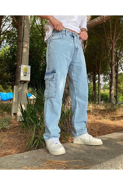He Brand Ανδρικό μπλε φαρδύ παντελόνι Cargo Pocket Jeans