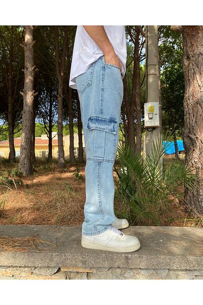 He Brand Ανδρικό μπλε φαρδύ παντελόνι Cargo Pocket Jeans
