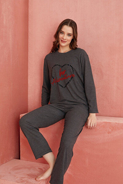 ELİTOL Antrasit Kalp Desenli Kaşmir Pijama Takım