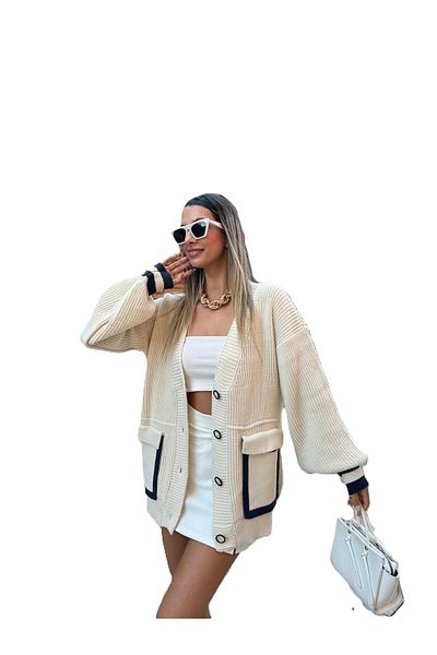 LUQ fasion Νέα γυναικεία ζακέτα με ρίγες τσέπης Navy Blue