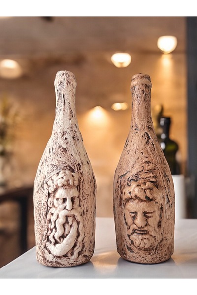 Mes Reves Özel Tasarım Zeus ve Posedion Heykel Dekorlu Eskitme Şarap Şişesi 2'li set Ev Dekoru Ofis Dekoru