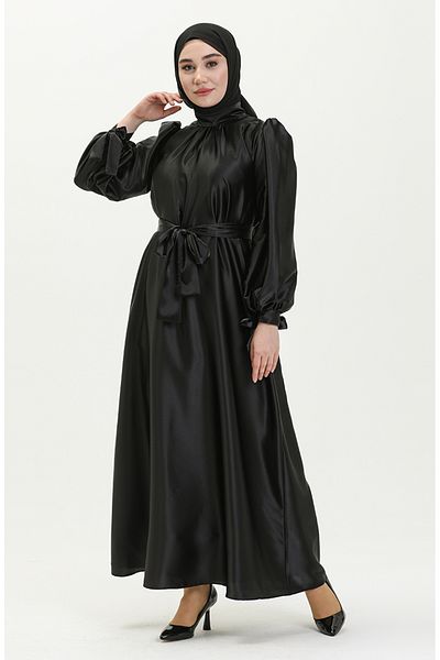 sefamerve Schwarzes Satin-Schärpenkleid – 80153-03