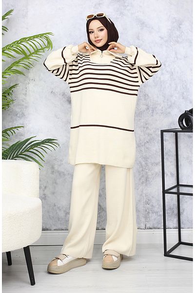 sefamerve Beige gestreiftes Strickset - 11049-05