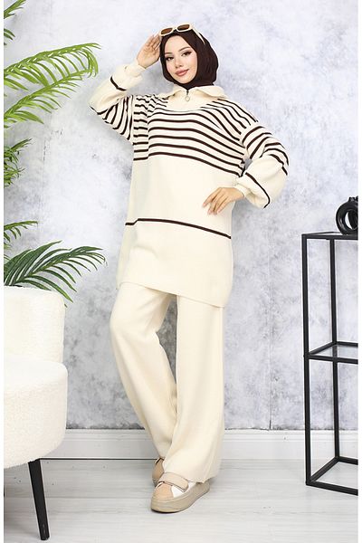 sefamerve Beige gestreiftes Strickset - 11049-05