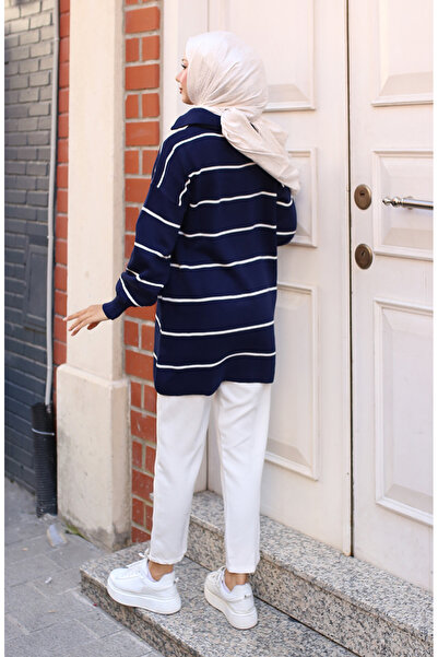 sefamerve Yakası Fermuarlı Çizgili Triko Tunik 11037-05 Lacivert