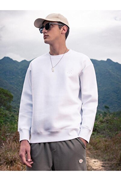 Butik Erkek Bisiklet Yaka Içi Pamuklu  Fit Slim Basic Beyaz Sweatshirt