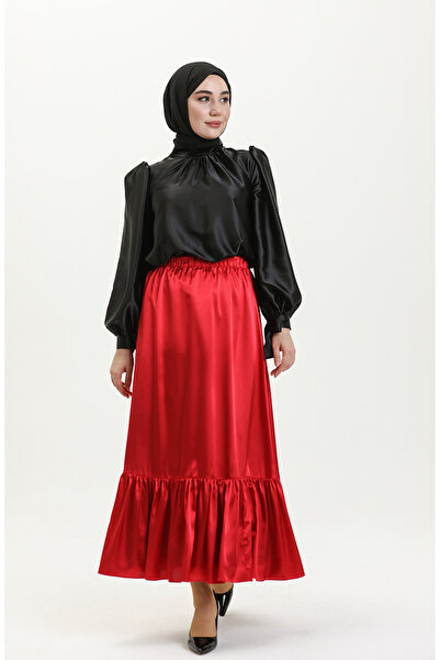 sefamerve Gathered Satin Skirt 85068-02 Claret Red