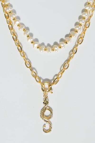 Modex Altın Rengi Yılan Figürlü Incili Kolye