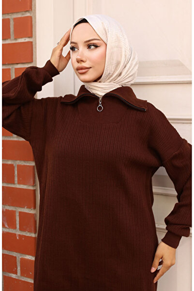sefamerve Ribbed Knitwear Set with Zippered Collar 11036-05 Brown