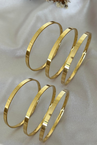 staınless steel Çelik Gold Detaylı Kalın Düz Ajda Bilezik 6.5mm 22 Cm 6 Adet