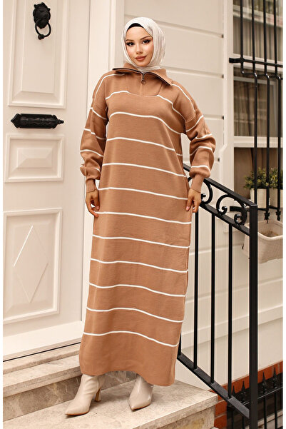 sefamerve Πλεκτό φόρεμα με ριγέ φερμουάρ Mink - 11038-03