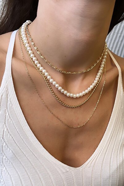 Modex Gold Pearl Quadruple Combination Necklace