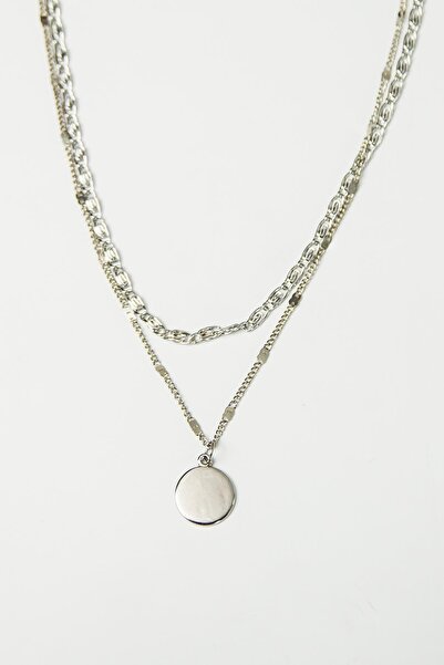 Modex Gümüş Rengi Para Detay İkili Zincir Kolye