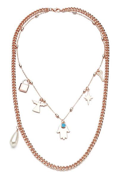 Modex Rose Color Pearl Detailed Multi-Figure Double Necklace