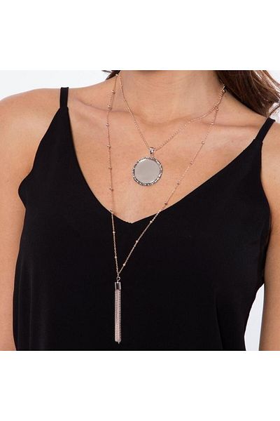 Modex Rose Color Coin Tassel Detail Double Necklace