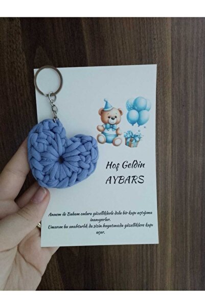 cenka Mavi Kalp Anahtarlık - Erkek Çocuk Ayıcık Desenli Kişiye Özel Kart - 20...