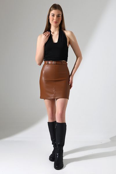 winmoda Μίνι Δερμάτινη Φούστα ZRA - Μοντέλο με Ζώνη