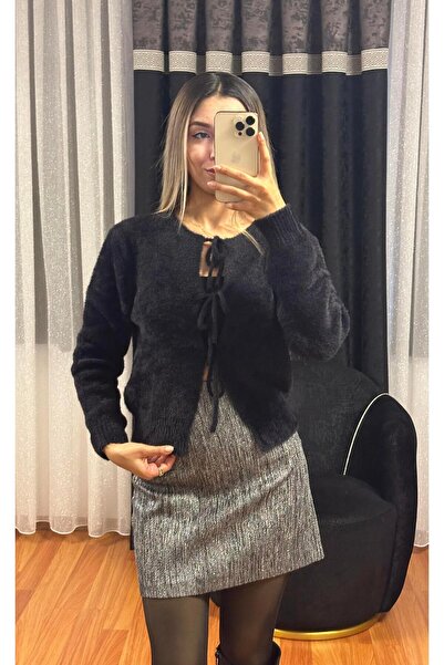 SHINE STYLE Bağlama Detay Sakal Siyah Hırka
