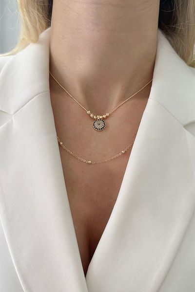 Modex Gold Color Zircon Stone Double Necklace with Evil Eye Figure