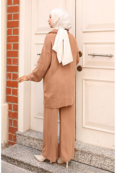 sefamerve Ribbed Knitwear Set - Zippered Collar, Mink 11036-02