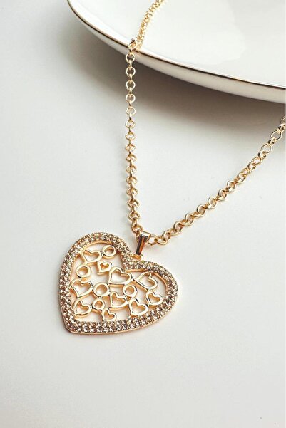 Modex Altın Rengi Taşlı Kalp Detay Kolye (72cm)