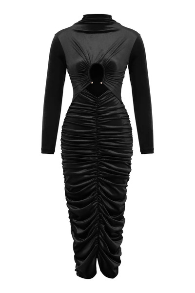 Keikei Siyah kadife uzun kol orta boy elbise