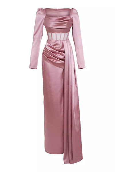 Keikei Pudra saten uzun kol uzun elbise