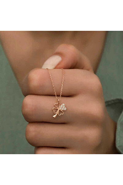 mikudesign 925 Ayar Gümüş Rose Kalpli Dört Yapraklı Yonca Kadın Gümüş Kolye