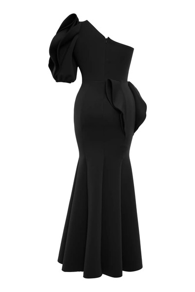 Keikei Siyah büyük beden dalgic tek kol uzun elbise