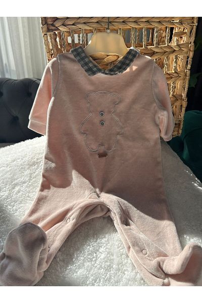 Cassiope Beige Velvet Baby Romper - Teddy Bear Embroidery Detailed