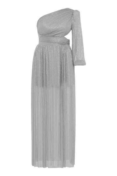 Keikei Gümüş büyük beden moonlight tek kol uzun elbise