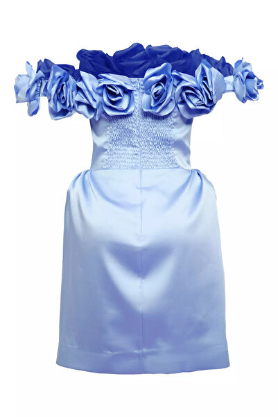 Keikei Mavi saten kolsuz kısa elbise