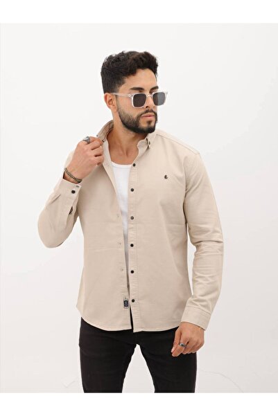 cliento Slim Fit Likralı Erkek Kot Gömlek Krem