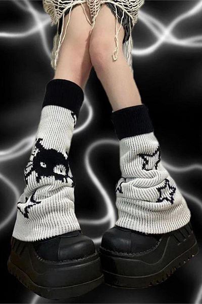 Köstebek Gray Stars and Cute Skull Winter Thick Loose Leggings