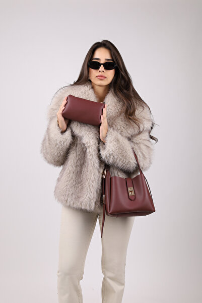 NOTHING Women's Burgundy Gold Lock Detailed Accessory Adjustable Lock Strap Handbag and Shoulder Bag