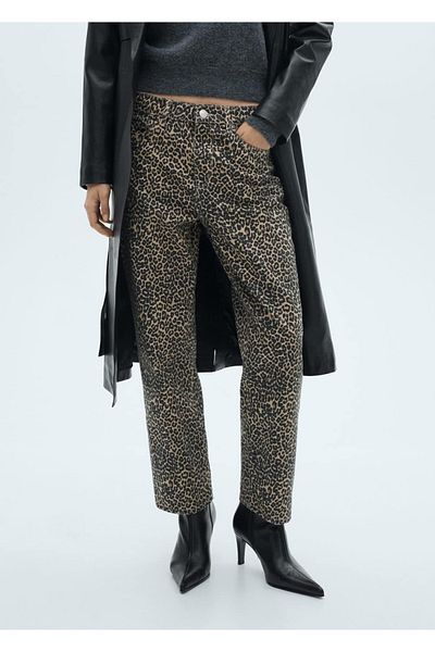 MANGO Woman Džínové nohavice rovného strihu s leopardím vzorom