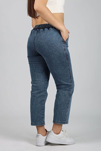 M MODAMARKREAL Kadın Kot Pantolon / Beli Lastikli / Yüksek Bel / Likralı / Büyük-Küçük Beden  / YIKAMALI MAVİ