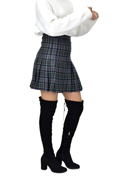 BAGLAN Green Smoked Women's Plaid College Skirt - Kizmesl-48