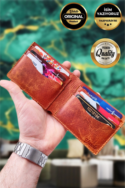 Vardo [ Ім'я можна вказати ] Arthur Чоловічий гаманець з натуральної італійської шкіри Темно-помаранчевий 11,5x8,5 см