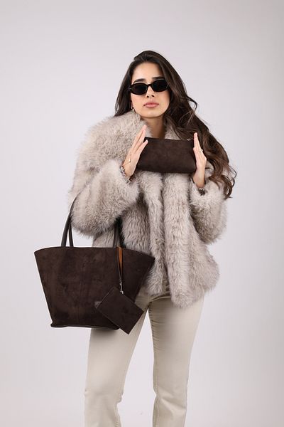 NOTHING Bitter Brown Suede Women's Bag - with Wallet, Makeup Bag, Lined, Large Size Hand and Shoulder Bag, Rosa